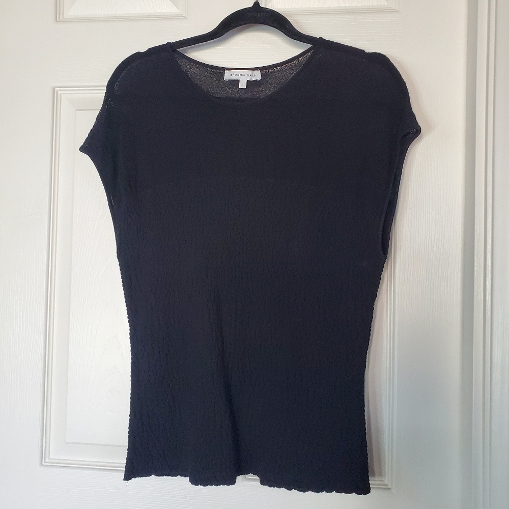 Veronika Maine Sheer Crepe Rushed Knit Top Black Pullover Cap Sleeves Size Large